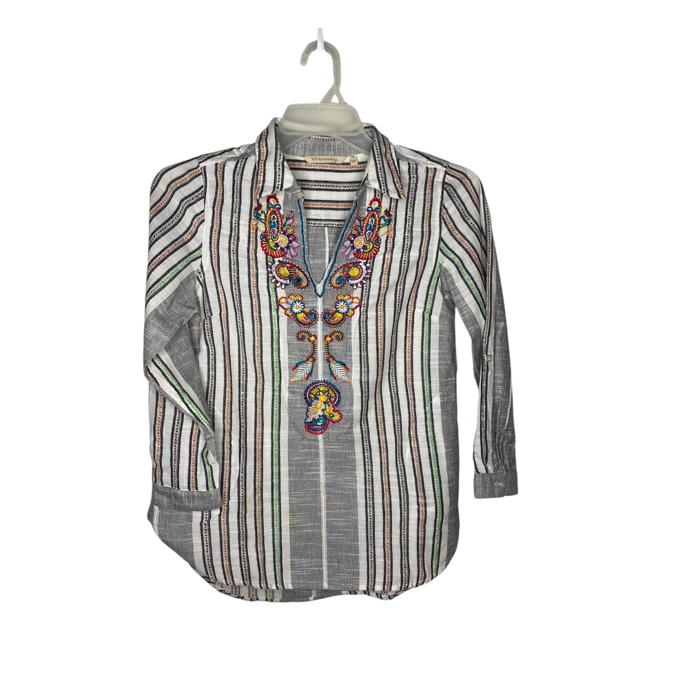 Soft Surroundings Embroidered Striped Split Neck Roll Tab Top Grey White PS - Picture 3 of 5